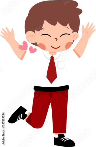 Joyful Schoolboy in Red Pants, Ecstatic Expression, Hearts with Indonesian Elementary School Uniform
