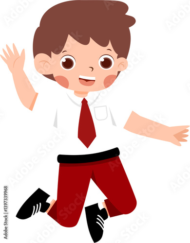 Joyful Schoolboy in Red Pants Jumping with Exuberance with Indonesian Elementary School Uniform
