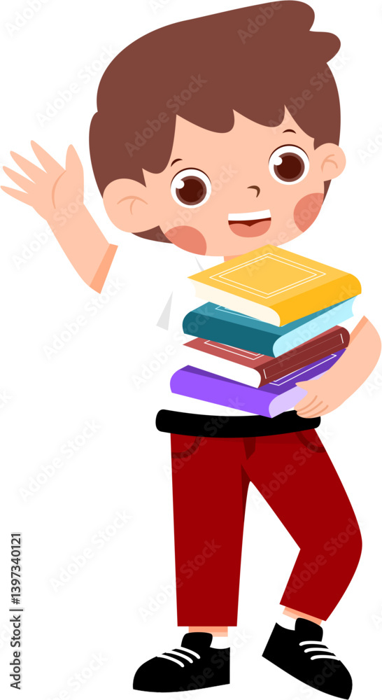 Happy Boy Student Carrying Stack of Books, Waving Hand with Indonesian Elementary School Uniform Happy Boy Student Carrying Stack of Books, Waving Hand with Indonesian Elementary School Uniform