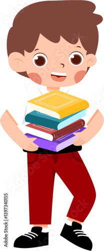 Joyful Boy Carrying Stack of Colorful Books with Indonesian Elementary School Uniform