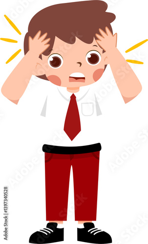 Shocked Schoolboy in Red Pants Grasping Head, Cartoon Illustration. with Indonesian Elementary School Uniform