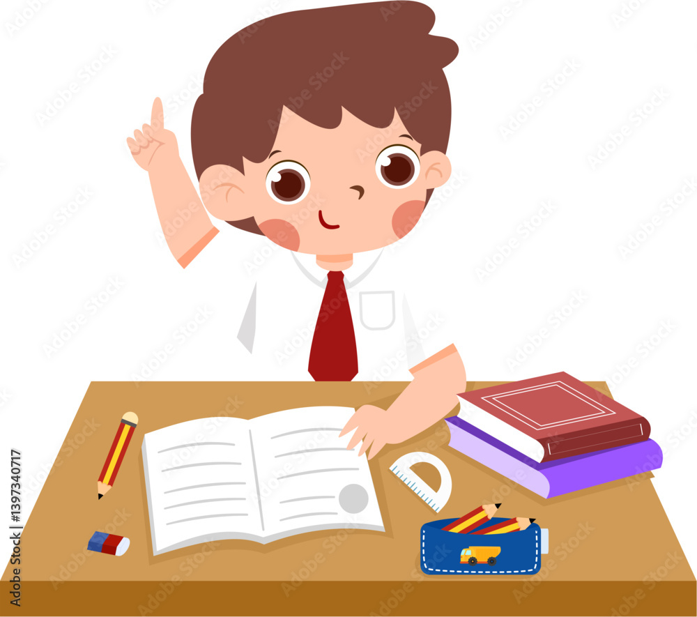 Happy schoolboy with bright idea, studying at desk with books and stationery with Indonesian Elementary School Uniform Happy schoolboy with bright idea, studying at desk with books and stationery with Indonesian Elementary School Uniform