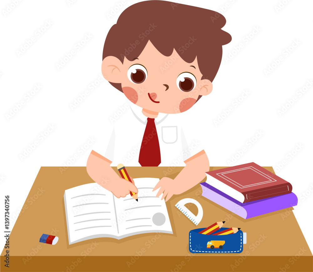 Diligent Schoolboy Writing in Notebook at Desk with Supplies with Indonesian Elementary School Uniform Diligent Schoolboy Writing in Notebook at Desk with Supplies with Indonesian Elementary School Uniform