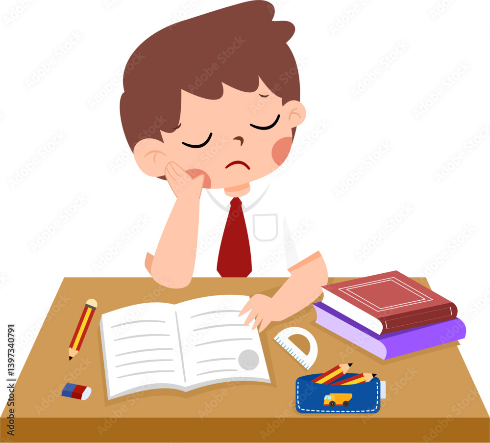Bored Schoolboy Studying at Desk, Tired Expression, Open Textbook with Indonesian Elementary School Uniform Bored Schoolboy Studying at Desk, Tired Expression, Open Textbook with Indonesian Elementary School Uniform
