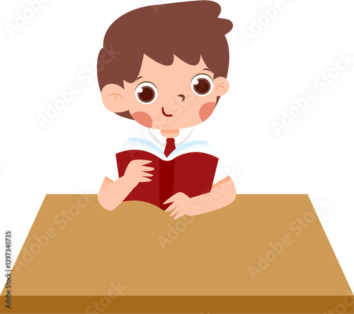Curious Boy in School Uniform Reading a Book at His Desk with Indonesian Elementary School Uniform