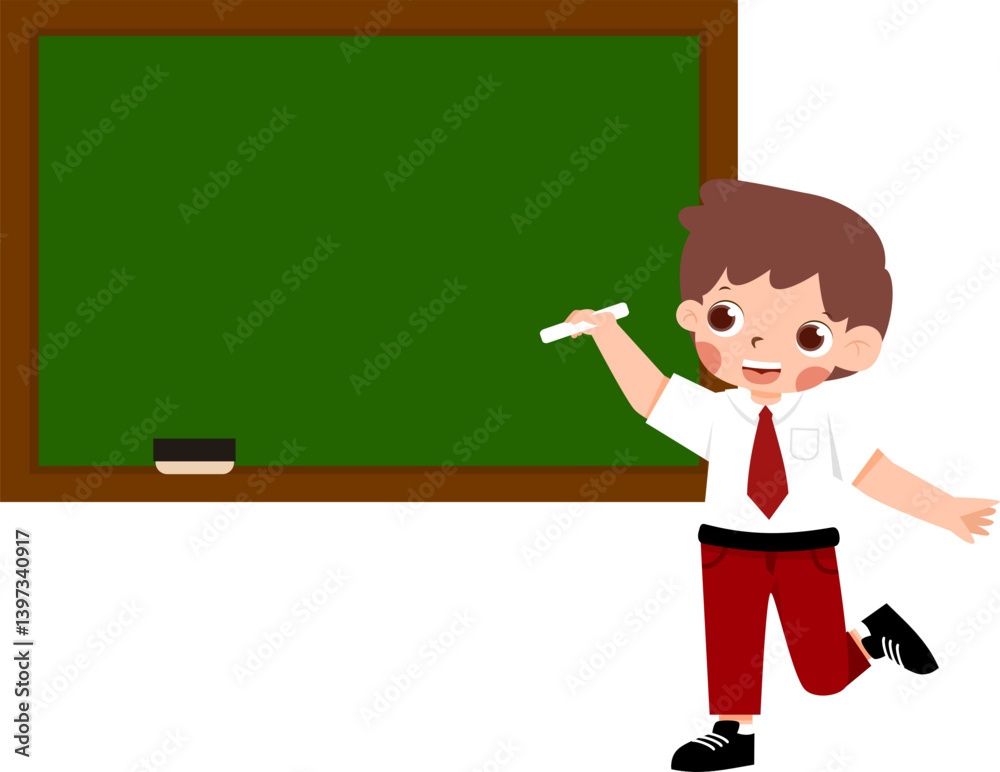 Joyful Schoolboy Writing on Blank Green Chalkboard with Indonesian Elementary School Uniform Joyful Schoolboy Writing on Blank Green Chalkboard with Indonesian Elementary School Uniform