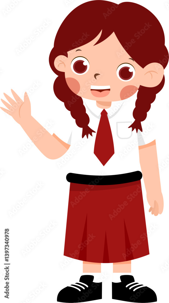 Smiling Schoolgirl in Red Uniform Waving Hello with Indonesian Elementary School Uniform Smiling Schoolgirl in Red Uniform Waving Hello with Indonesian Elementary School Uniform