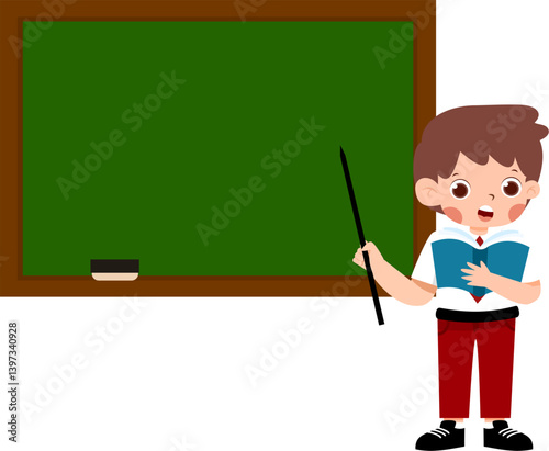 Joyful Boy Teacher with Book and Pointer by Green Chalkboard with Indonesian Elementary School Uniform