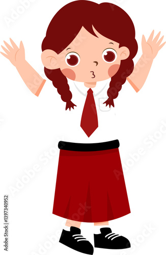 Surprised Schoolgirl in Red Uniform with Braids, Arms Raised with Indonesian Elementary School Uniform