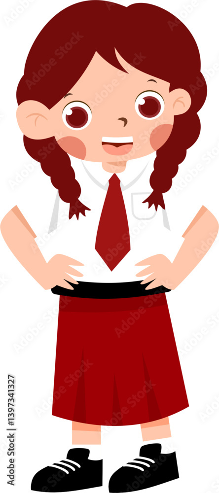 Cheerful Girl in Red School Uniform with Braids with Indonesian Elementary School Uniform Cheerful Girl in Red School Uniform with Braids with Indonesian Elementary School Uniform