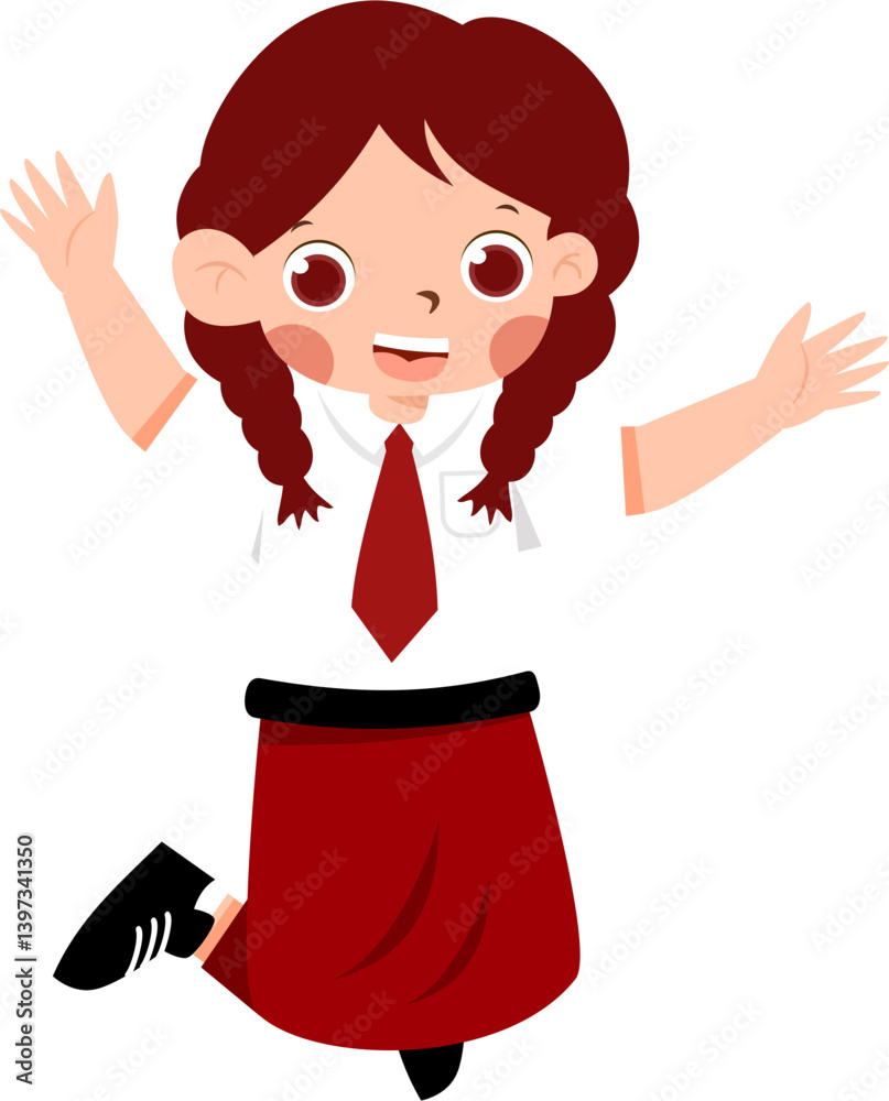 Fototapeta premium Joyful Schoolgirl in Red Uniform Leaping with Arms Raised with Indonesian Elementary School Uniform