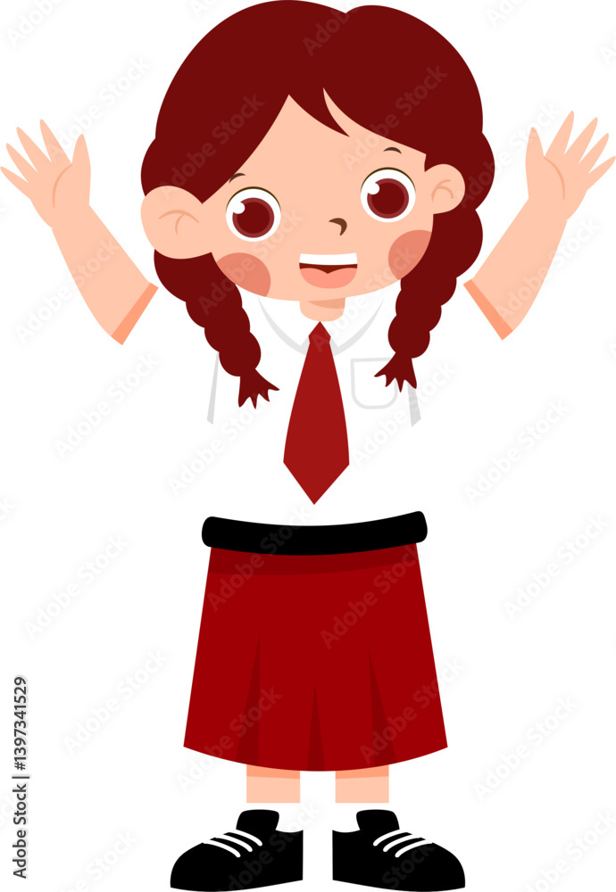 Joyful Schoolgirl with Red Tie and Pleated Skirt, Arms Raisedwith Indonesian Elementary School Uniform Joyful Schoolgirl with Red Tie and Pleated Skirt, Arms Raisedwith Indonesian Elementary School Uniform