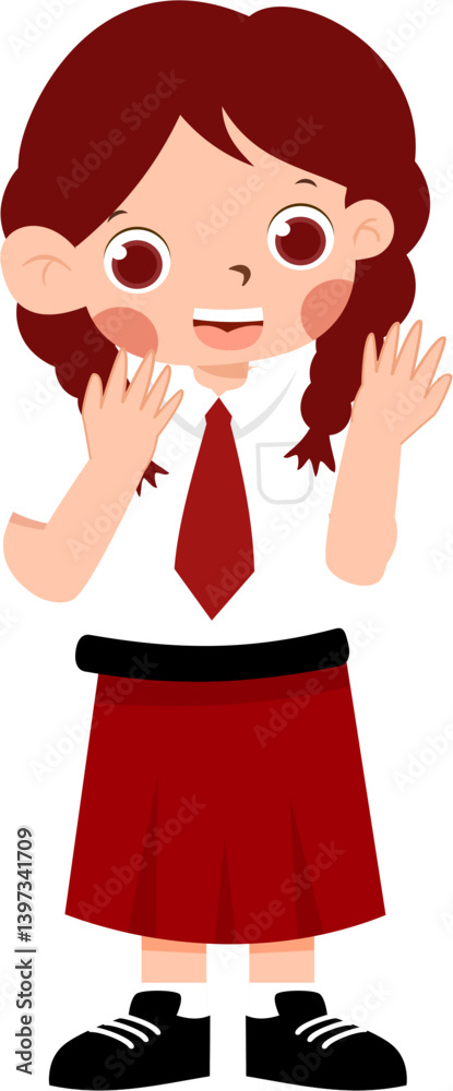 Cheerful Schoolgirl with Red Uniform and Braids, Welcoming Gesture with Indonesian Elementary School Uniform Cheerful Schoolgirl with Red Uniform and Braids, Welcoming Gesture with Indonesian Elementary School Uniform
