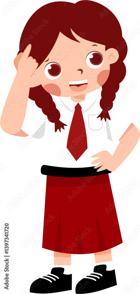 Thoughtful Schoolgirl in Red Uniform, Hand on Head with Indonesian Elementary School Uniform Thoughtful Schoolgirl in Red Uniform, Hand on Head with Indonesian Elementary School Uniform