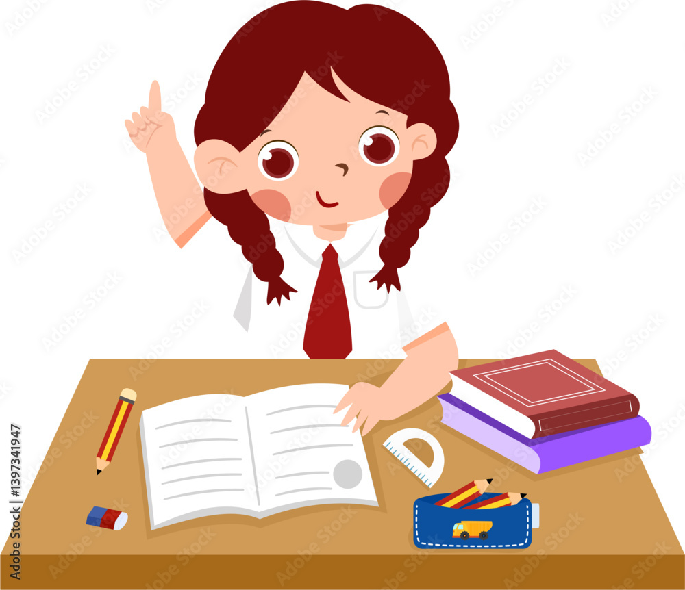 Happy Schoolgirl with Bright Idea, Studying at Desk with Books and Supplies with Indonesian Elementary School Uniform Happy Schoolgirl with Bright Idea, Studying at Desk with Books and Supplies with Indonesian Elementary School Uniform