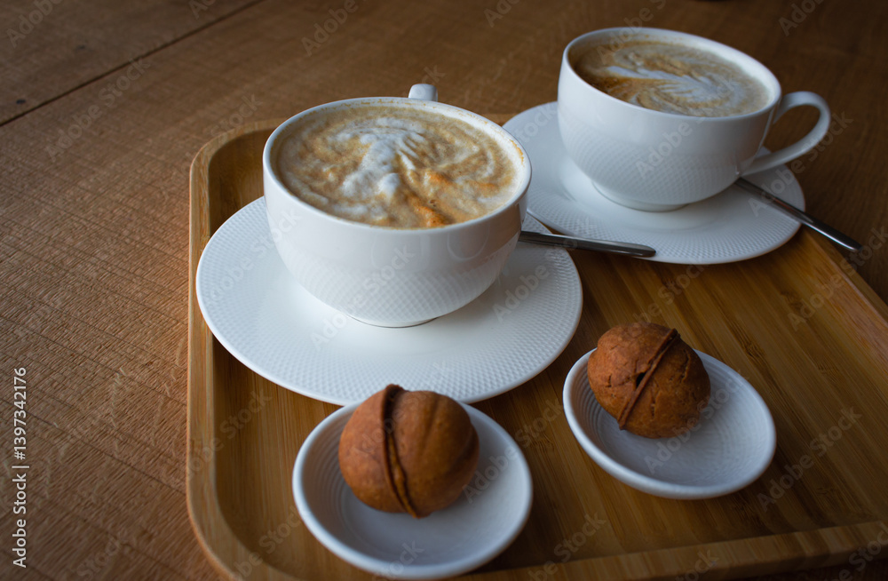 Two white coffee cups with sweet pastry in wooden tray. Breakfast flat lay. Morning aroma coffee and dessert. Americano with milk and biscuits. Elegant lifestyle. Hot aroma cups and cookies.