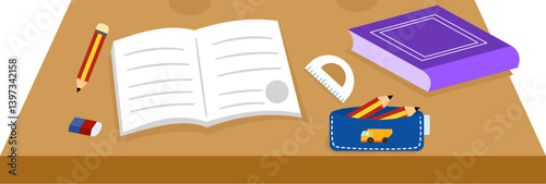 Wooden Desk with Open Notebook, Purple Book, and Pencil Case with Indonesian Elementary School Uniform