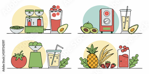 Flat Vector Juicer Illustration: Healthy Juice Drinks with Twin Gear, Masticating, Centrifugal, Citrus Juicers, Fruits, Vegetables, Avocado, Tomato, Pineapple, Berries, Leafy Greens