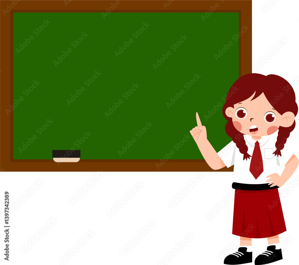 Cheerful Schoolgirl Presenting on Blank Chalkboard with Indonesian Elementary School Uniform Cheerful Schoolgirl Presenting on Blank Chalkboard with Indonesian Elementary School Uniform