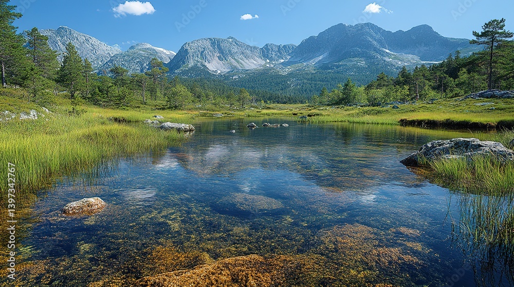 Fototapeta premium Scenic mountain lake mirroring the majestic alpine peaks on a serene day
