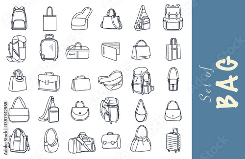 Set of bags. 30 vector illustration bags style line icons: Backpack, shoulder bag, wallet, sling bag, suitcase, handbag, tote bag, carrier, cross sling bag