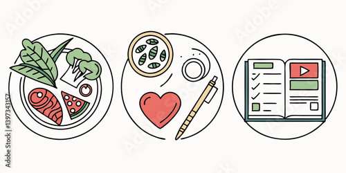 Wellness, Diet, Heart, Learning - Health Vector Icons
