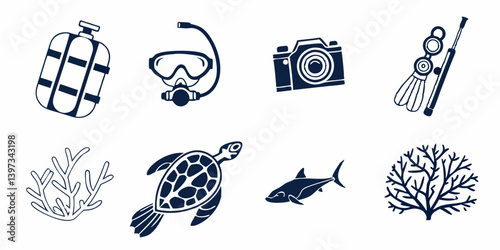 Underwater Scuba Diving Equipment and Marine Life Vector Icons Tank Mask Camera Fins Coral Turtle Shark Illustration