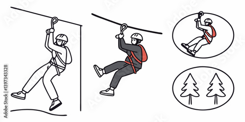 Ziplining Adventure Illustration: Person on Zip Line with Harness, Helmet, Outdoor Recreation, Black and White Line Drawing with Trees