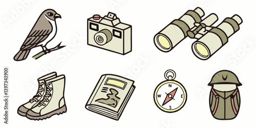 Cartoon Birdwatching Hiking Icons Vector Set of Outdoor Adventure Gear Bird Camera Binoculars Boots Book Compass Backpack