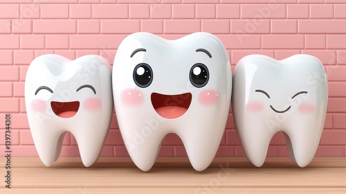 Cartoon teeth with smiling faces against a pink brick wall background