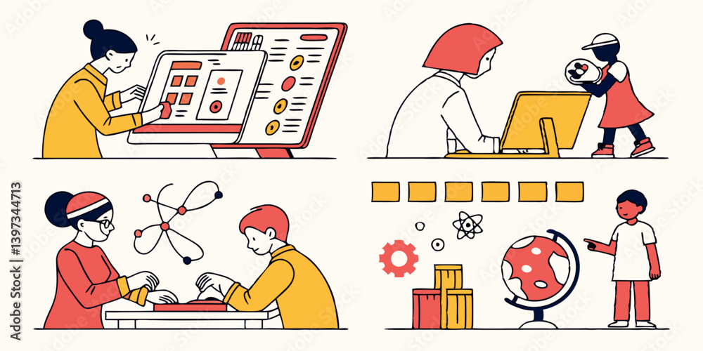 Fototapeta premium Kids STEM Education Technology Science Learning Globes Flat Vector Art