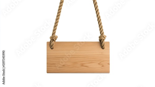rectangle wooden sign hanging on a rope, isolated against a white background, Log color wood, copy space for message, warning, notice, signboard