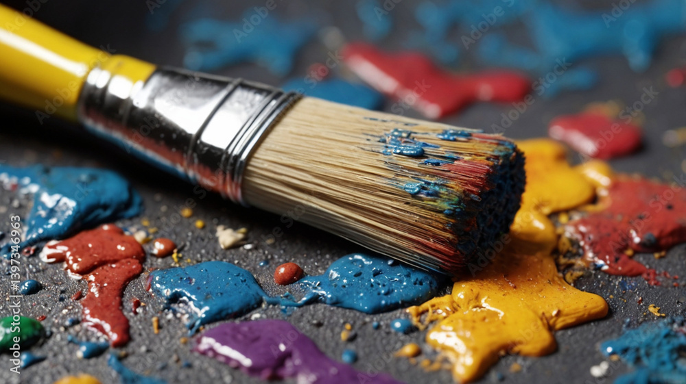 Fototapeta premium macro photograph of dirty paintbrush bristles with dried and wet paint residue