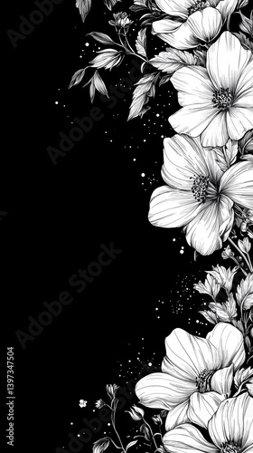 Black and white floral frame, abstract floral background with flowers, abstract floral background