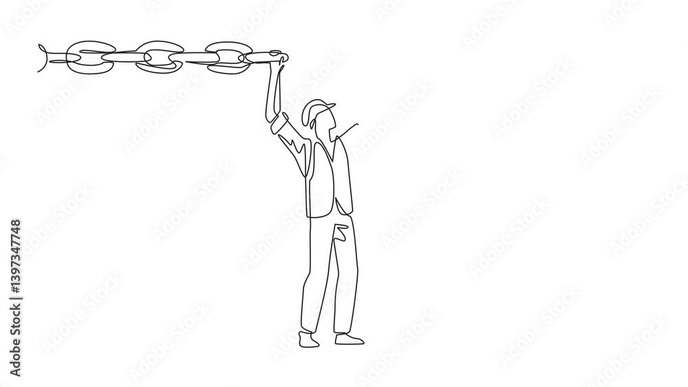 Animation of Continuous one line drawing man wearing project vest and helmet holds a broken chain above head. Ensure timely delivery. Effort. National Supply Chain Day. Full length motion Animation of Continuous one line drawing man wearing project vest and helmet holds a broken chain above head. Ensure timely delivery. Effort. National Supply Chain Day. Full length motion