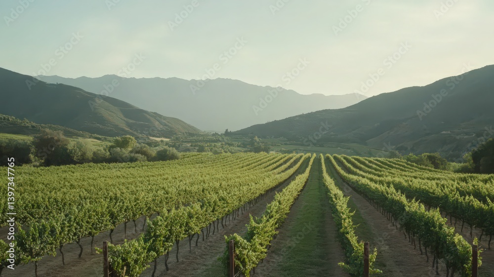 Fototapeta premium Sunlit Vineyard Rows in Mountain Valley