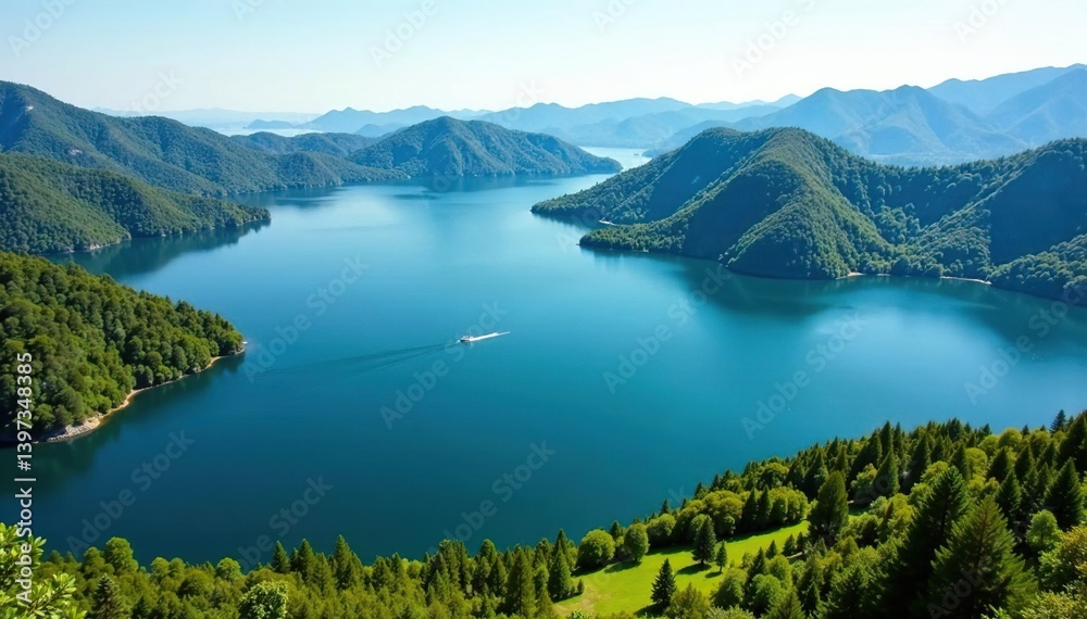 Fototapeta premium Irregular shaped lake with winding shoreline and islands, organic, shoreline