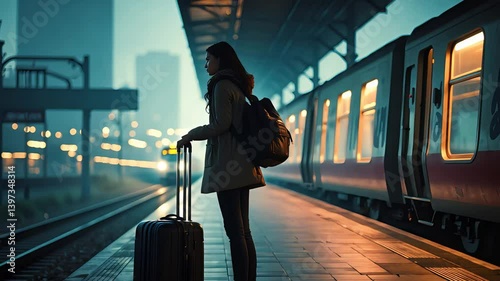 Woman with suitcase standing on train platform at night under soft lighting, waiting beside modern railway car in urban travel environment

