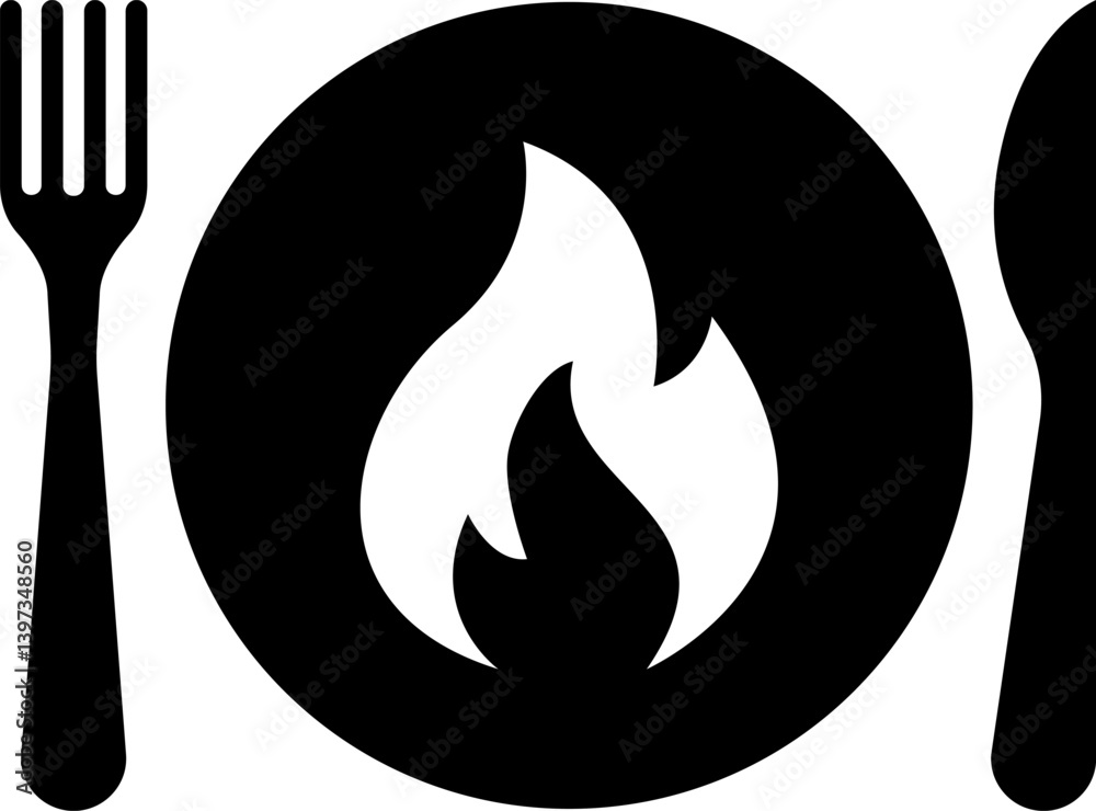 Vector spicy food icon, plate and cutlery with fire flat icon. Spicy food and culinary solid icon. Fiery cuisine, hot dishes. Symbol and sign illustration design flavor silhouette symbol Vector spicy food icon, plate and cutlery with fire flat icon. Spicy food and culinary solid icon. Fiery cuisine, hot dishes. Symbol and sign illustration design flavor silhouette symbol