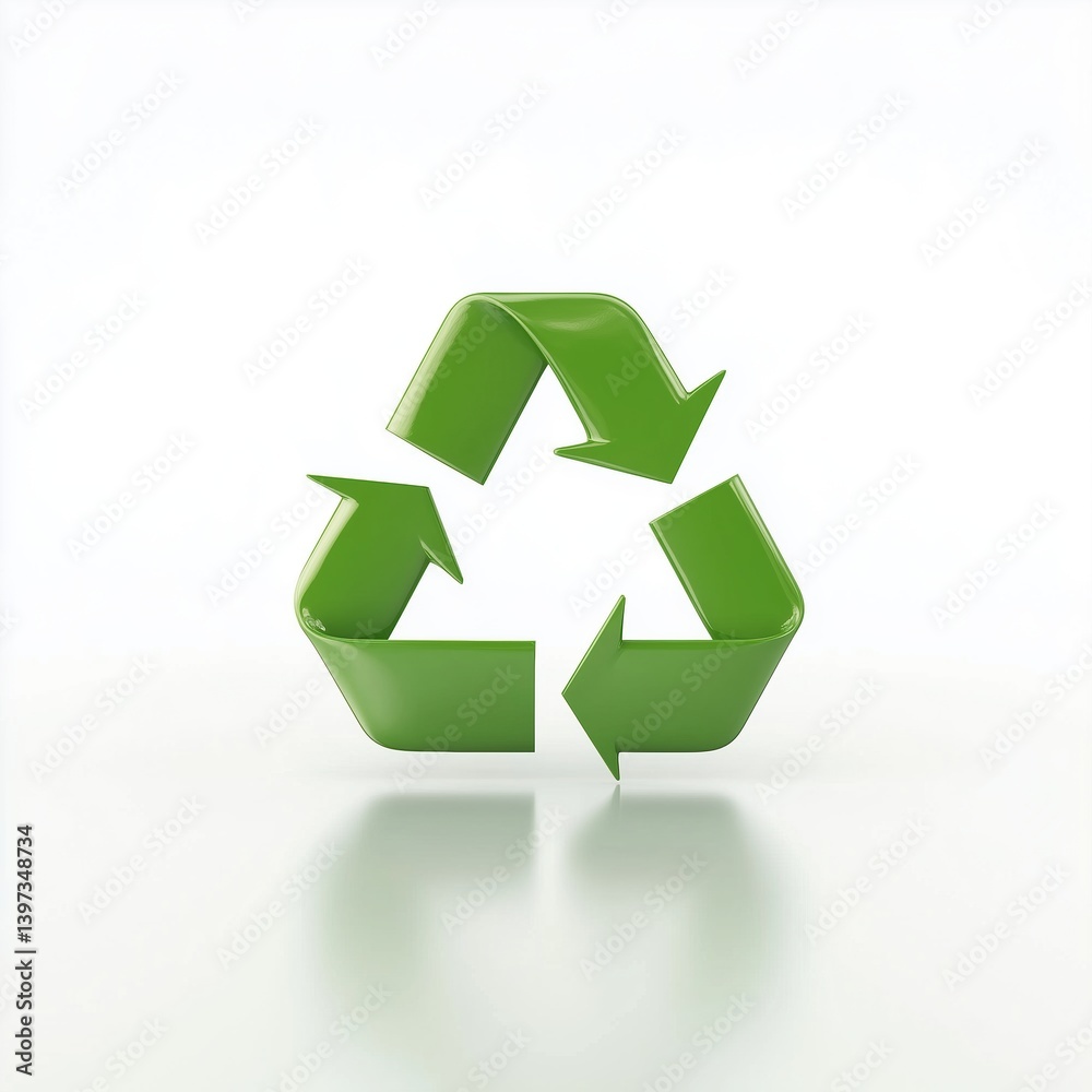 recycling arrows icon in circular motion, flat green tone with smooth bevel, standing upright with clean floor reflection, white background for ecological visuals recycling arrows icon in circular motion, flat green tone with smooth bevel, standing upright with clean floor reflection, white background for ecological visuals