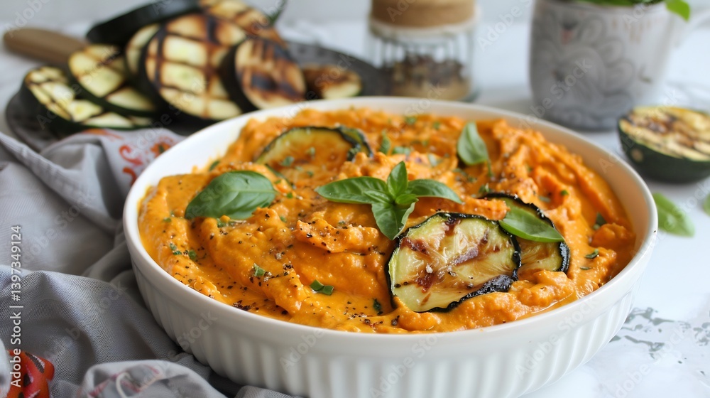 Rich coconut curry dip with a velvety texture served with grilled vegetables Rich coconut curry dip with a velvety texture served with grilled vegetables