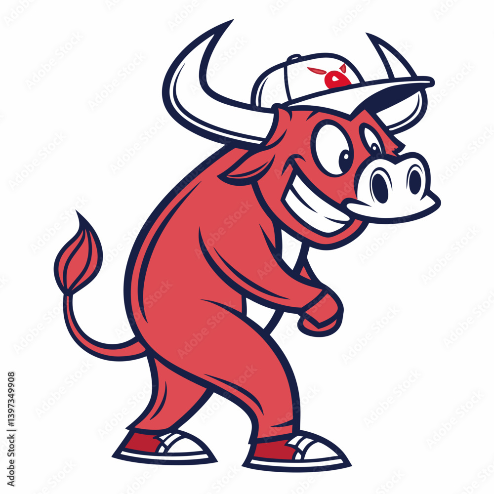 Fototapeta premium Fun Smiling Red Bull Mascot Baseball Cap Graphic Design