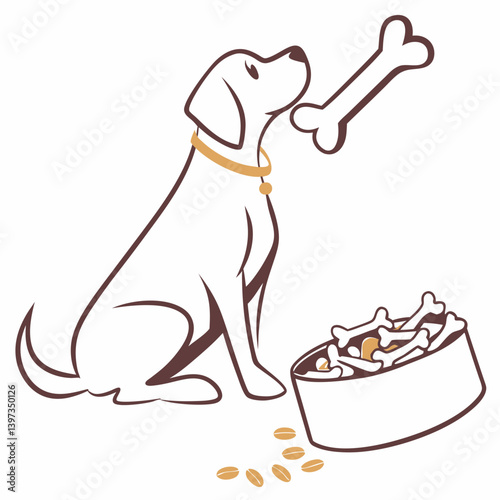 Clean Simple Cartoon Dog Sitting Looking Bone Treat Pet Food Vector Illustration