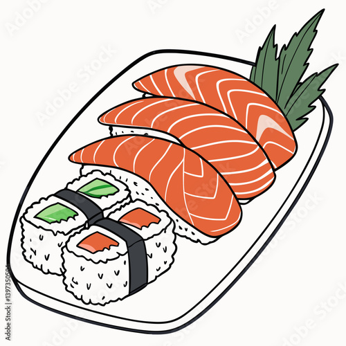 Colorful Salmon Nigiri Maki Rolls Sushi Plate Japanese Cartoon Food