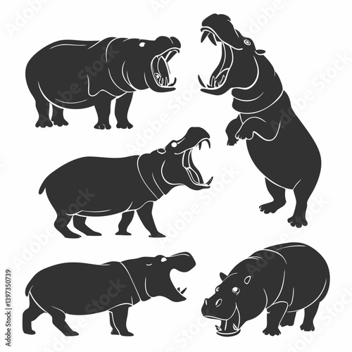 Black Hippo Vector Silhouette Art Set Aggressive Hippos with Open Mouths Wildlife Animals