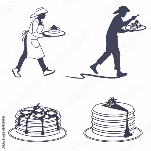 Pancake Waiters Serving Delicious Breakfast Stacks with Toppings Vector Line Art