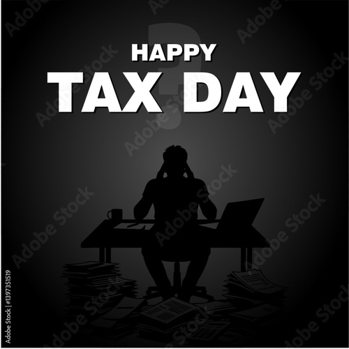Happy Tax Day Concept with Stressed Person at Desk Full of Tax Papers

