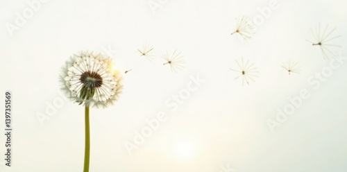 Dandelion seed blowing away in the wind on a white background , yellow, petals