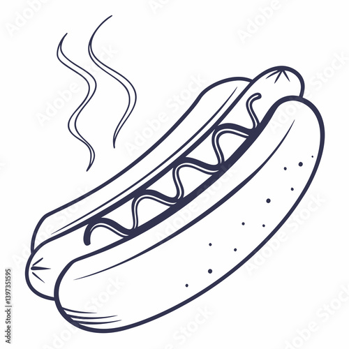 Steaming Hotdog with Mustard - Black and White Line Art Food Vector Illustration Drawing