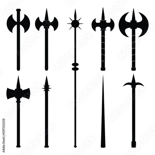 Battle Axe and Mace Vector Icons Silhouette Set.